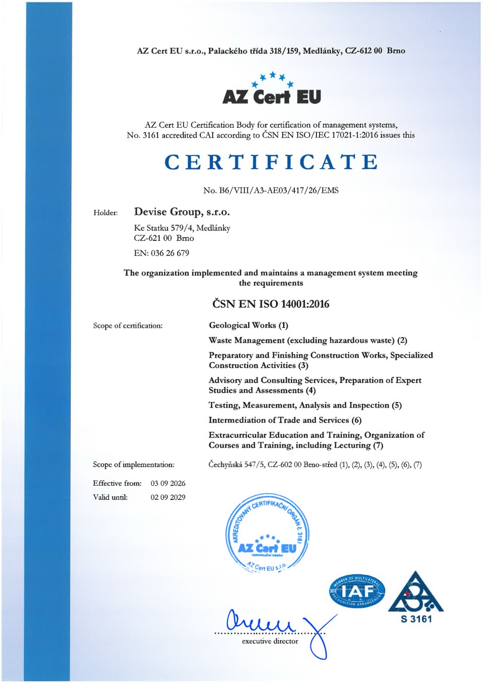 Preview of the ISO 14001 certificate, Devise Group