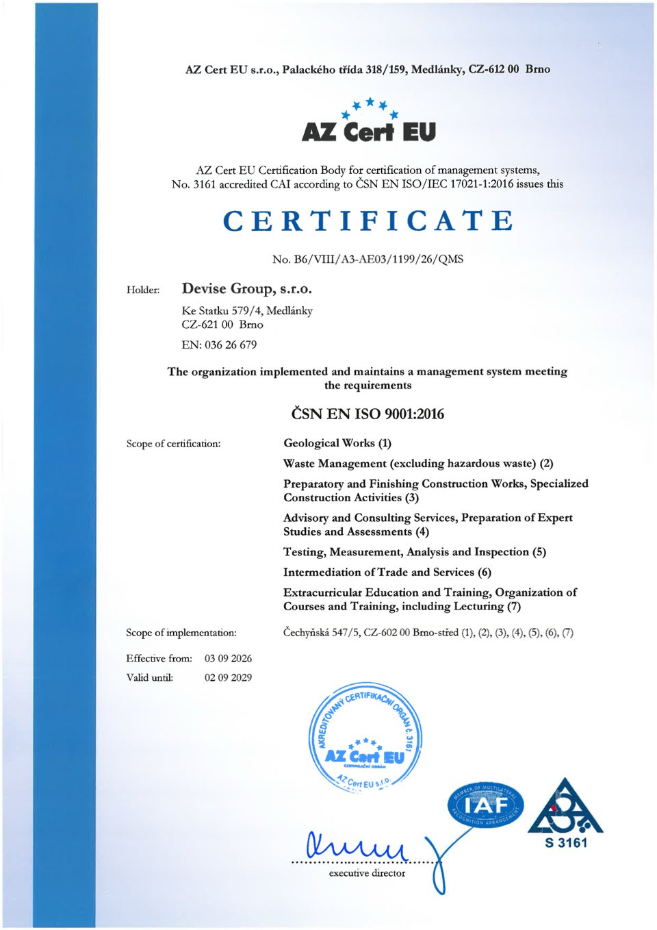 Preview of the ISO 9001 certificate, Devise Group